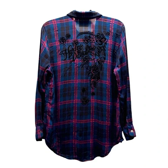 Harley-Davidson Lurex Plaid Flannel Shirt Blue/Red Roses Size Large EUC - Picture 5 of 15